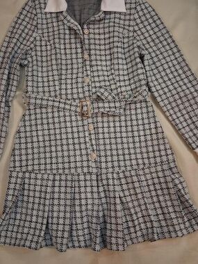 Plaid Long-Sleeve Belted Girl Dress in Cream & Black